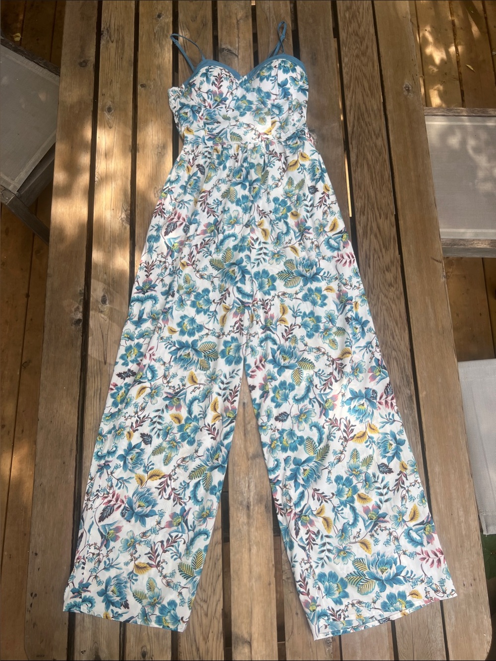 BOG Collective Floral Strap Wide-Leg Jumpsuit - Blue & White